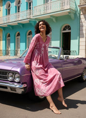 Women Handmade Floral Print Rayon Flared Pink Dress (W1597)