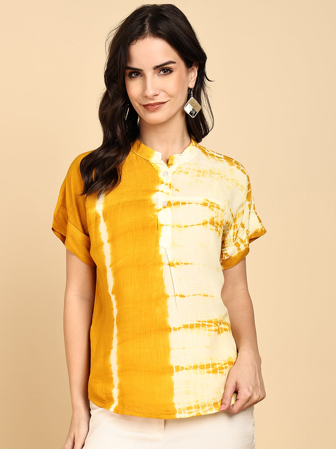 Women Casual Rayon Slub Tie & Dye Mandarin Short Sleeves Regular Fit Top (W1703)