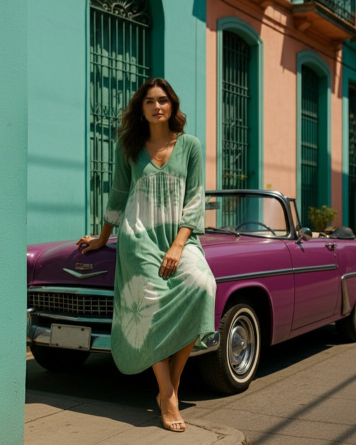 Women Handmade Floral Print Rayon Flared Light Green Dress (W1600)