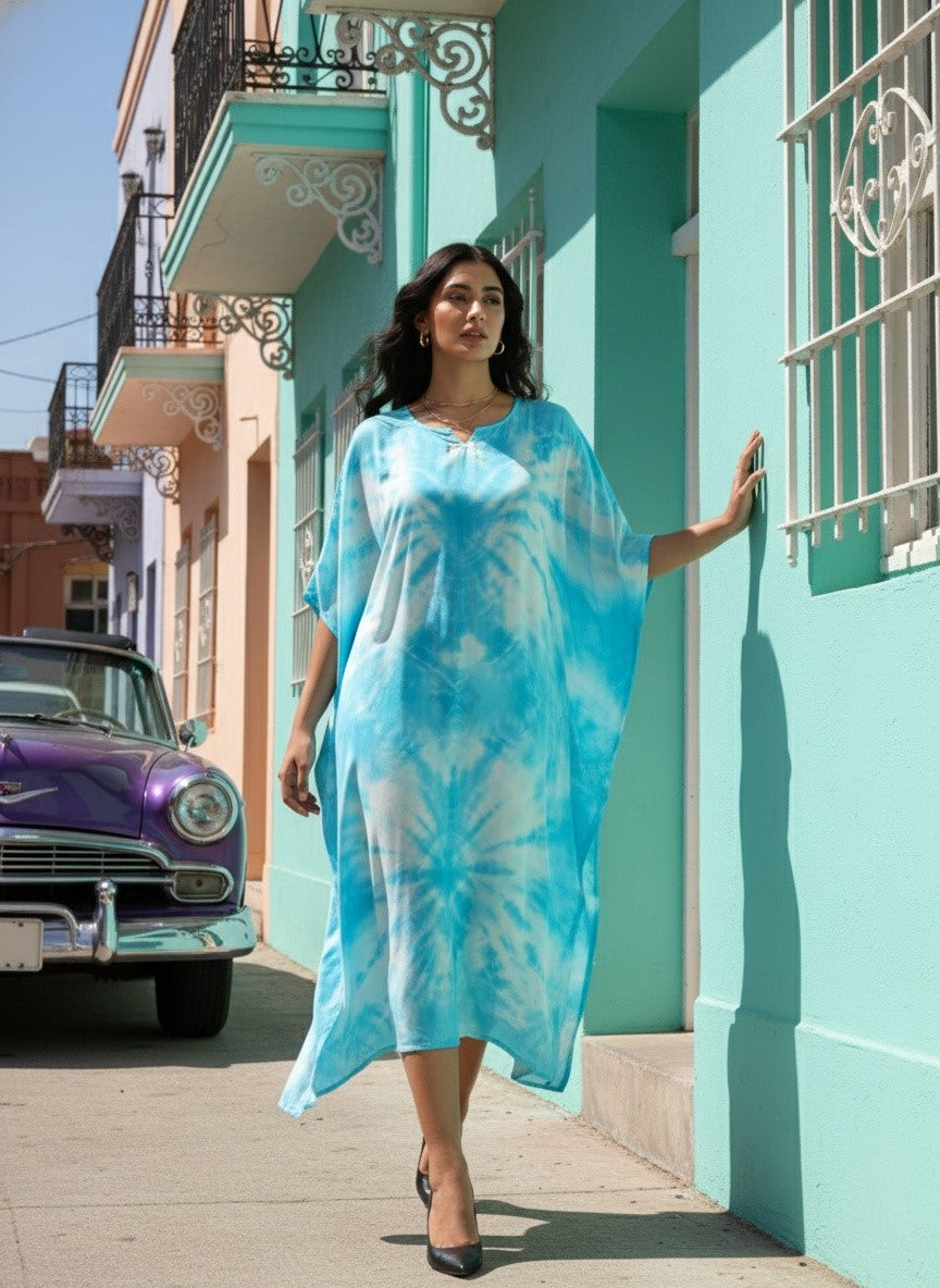 Rayon Crepe Hand Dyed Tie Dye Blue Kaftan Dress (W1188)