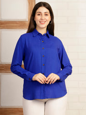 Women Camric Blue Solid Casual Regular Fit Shirt (W1819)