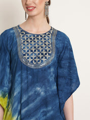 Green & Blue Tie Dye Embroidery Work Rayon Staple Kaftan Kurta (W1383)