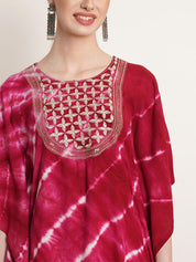Pink White Tie Dye Embroidery Work Rayon Staple Kaftan Kurta (W1382)