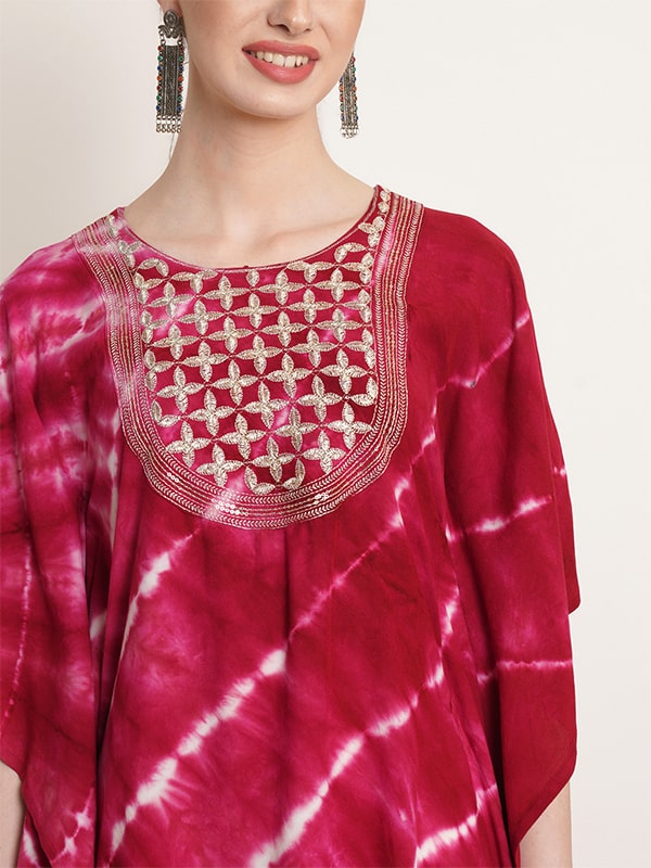 Pink White Tie Dye Embroidery Work Rayon Staple Kaftan Kurta (W1382)