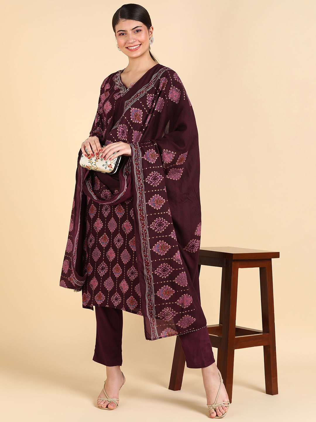 Discharge Print Wine Rayon Adda Work Suit Set With Dupatta (W1407)