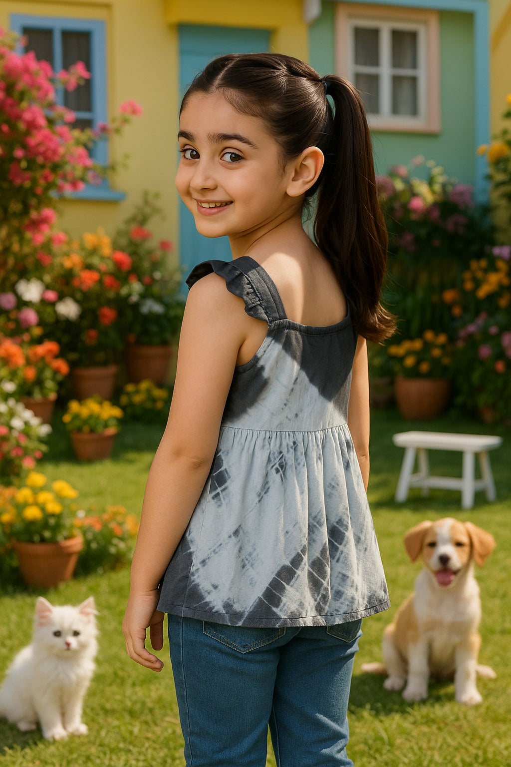 Hand Tie Dyed Frill Shoulder Top for Girls (K1006)