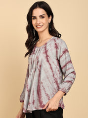 Women Casual Rayon Staple Tie & Dye Round Neck 3/4 Sleeves Regular Fit Top (W1716)