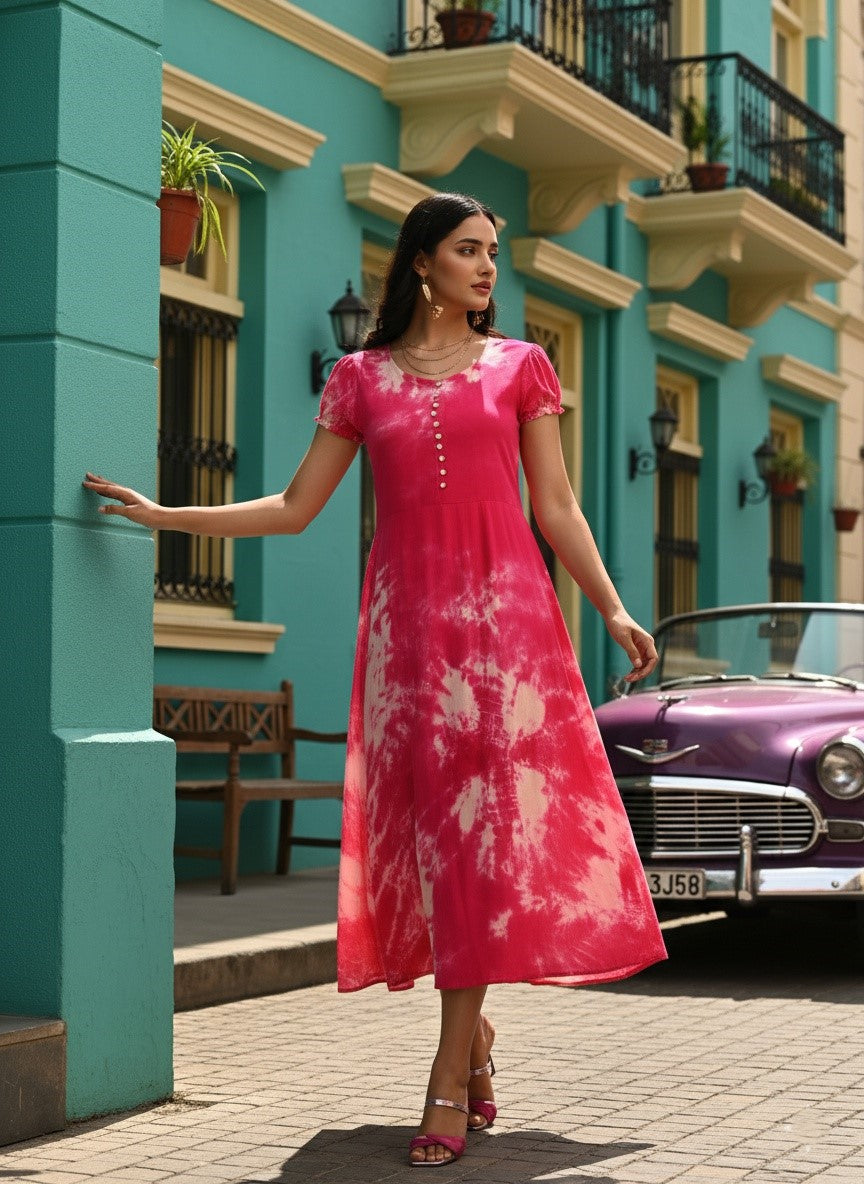 Rayon Fuchsia Tie Dye Flared Dress (W1281)