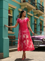 Rayon Fuchsia Tie Dye Flared Dress (W1281)