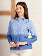 Women Blue Embellished Tie & Dye Camric Casual Shirt (W1823)