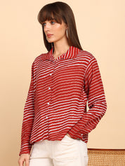 Women Rayon Slub Leheriya Print Spread Collar Regular Fit Shirt (W1760)