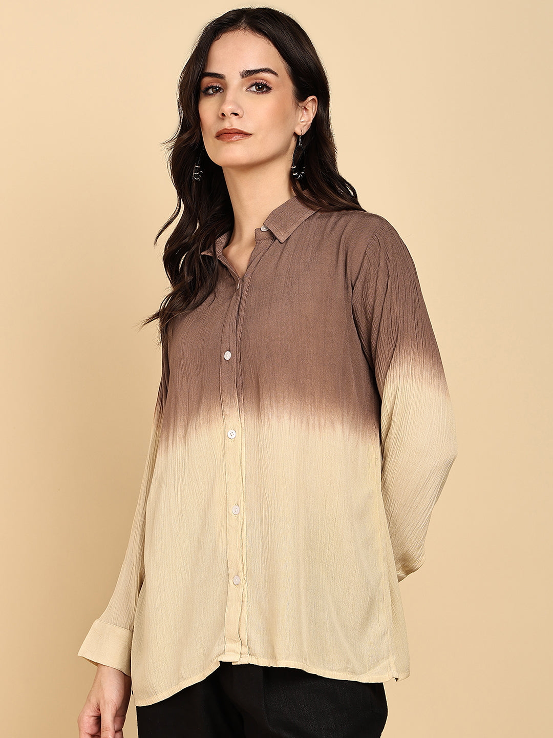 Women Casual Rayon Crepe Tie & Dye Spread Collar Full Sleeves Relaxed Fit Shirt (W1710)