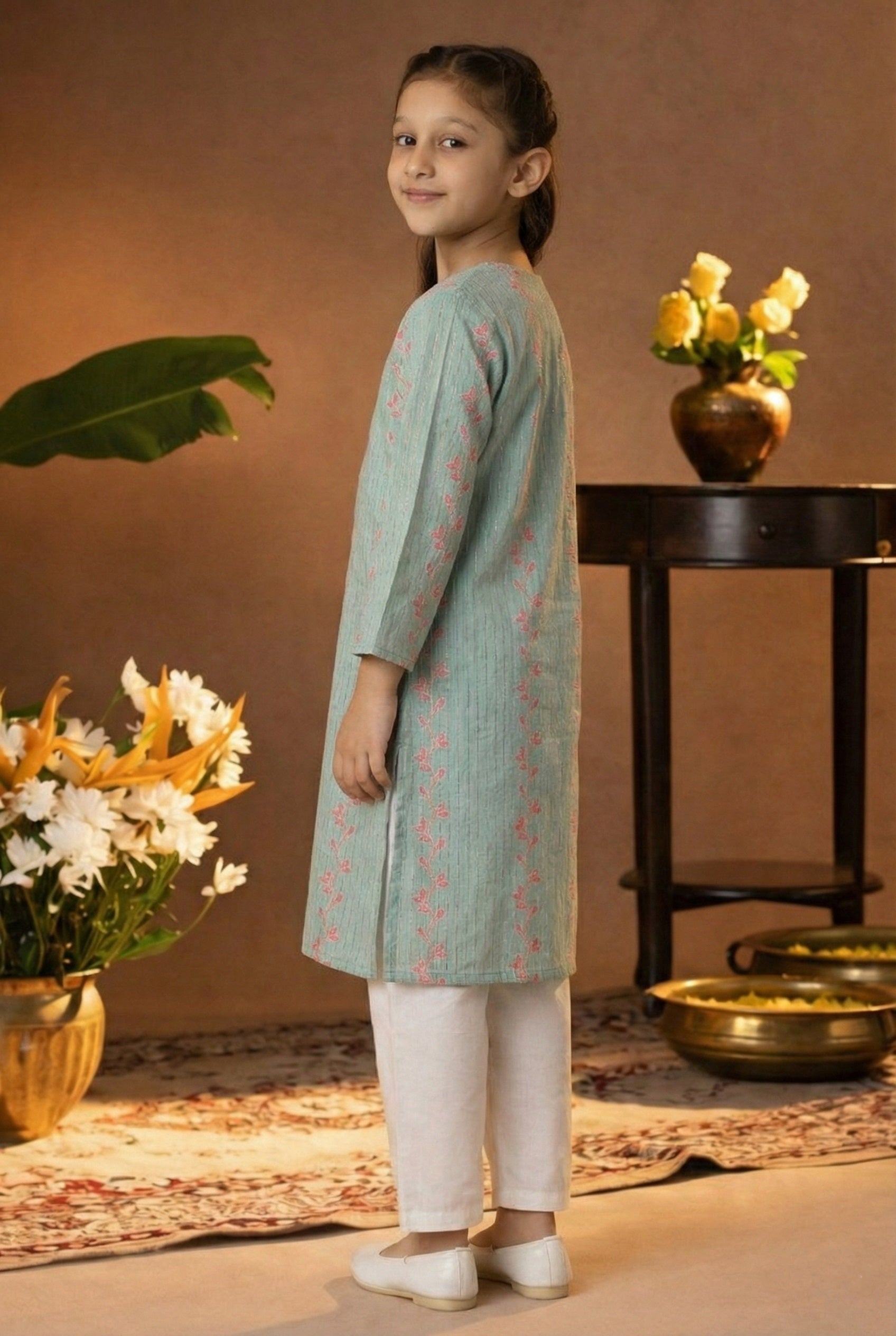 Printed Cotton Kurta Pyjama Set For Girls (K1051)