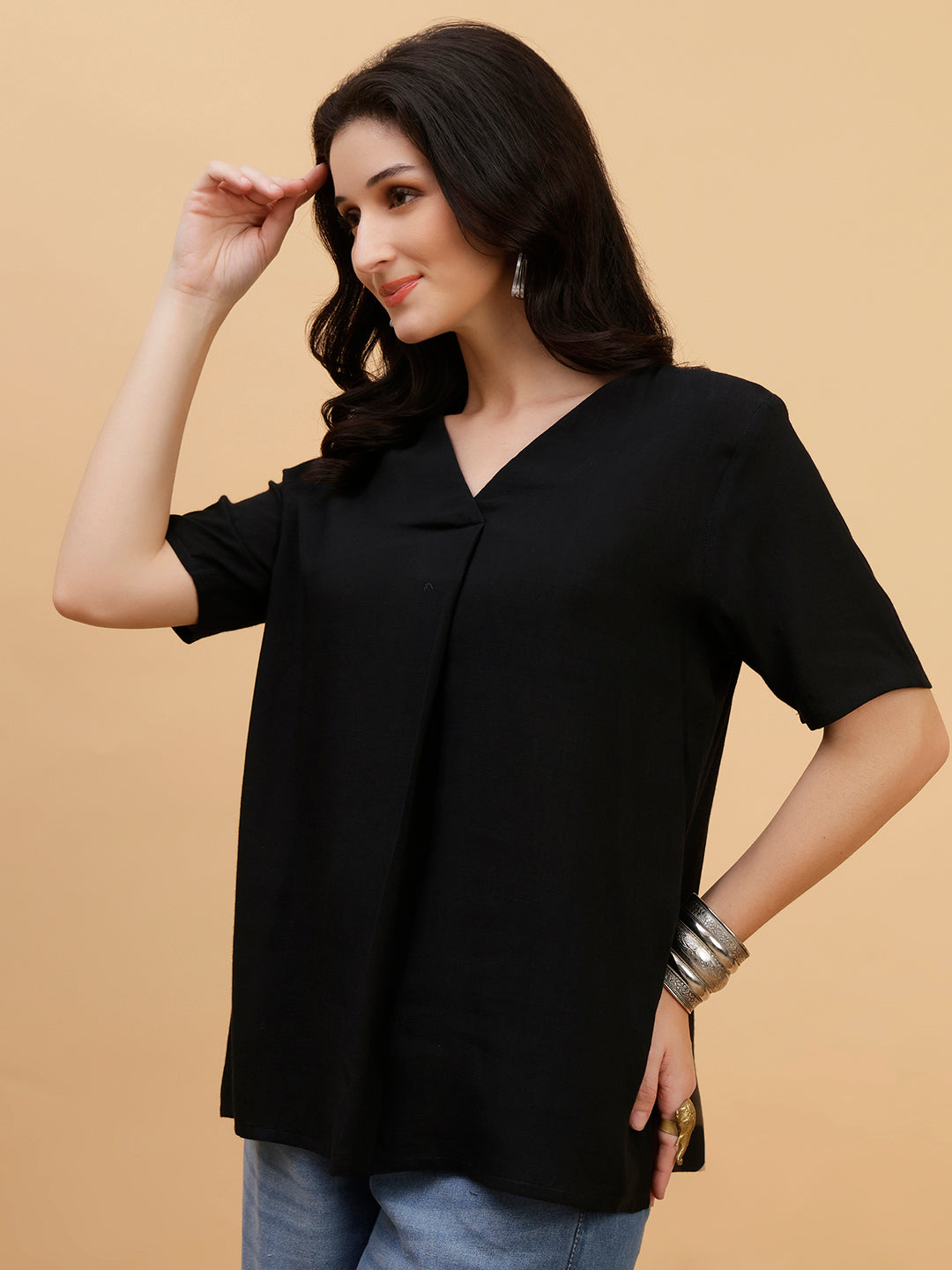 Women Black Solid Rayon Casual Top (W1787)