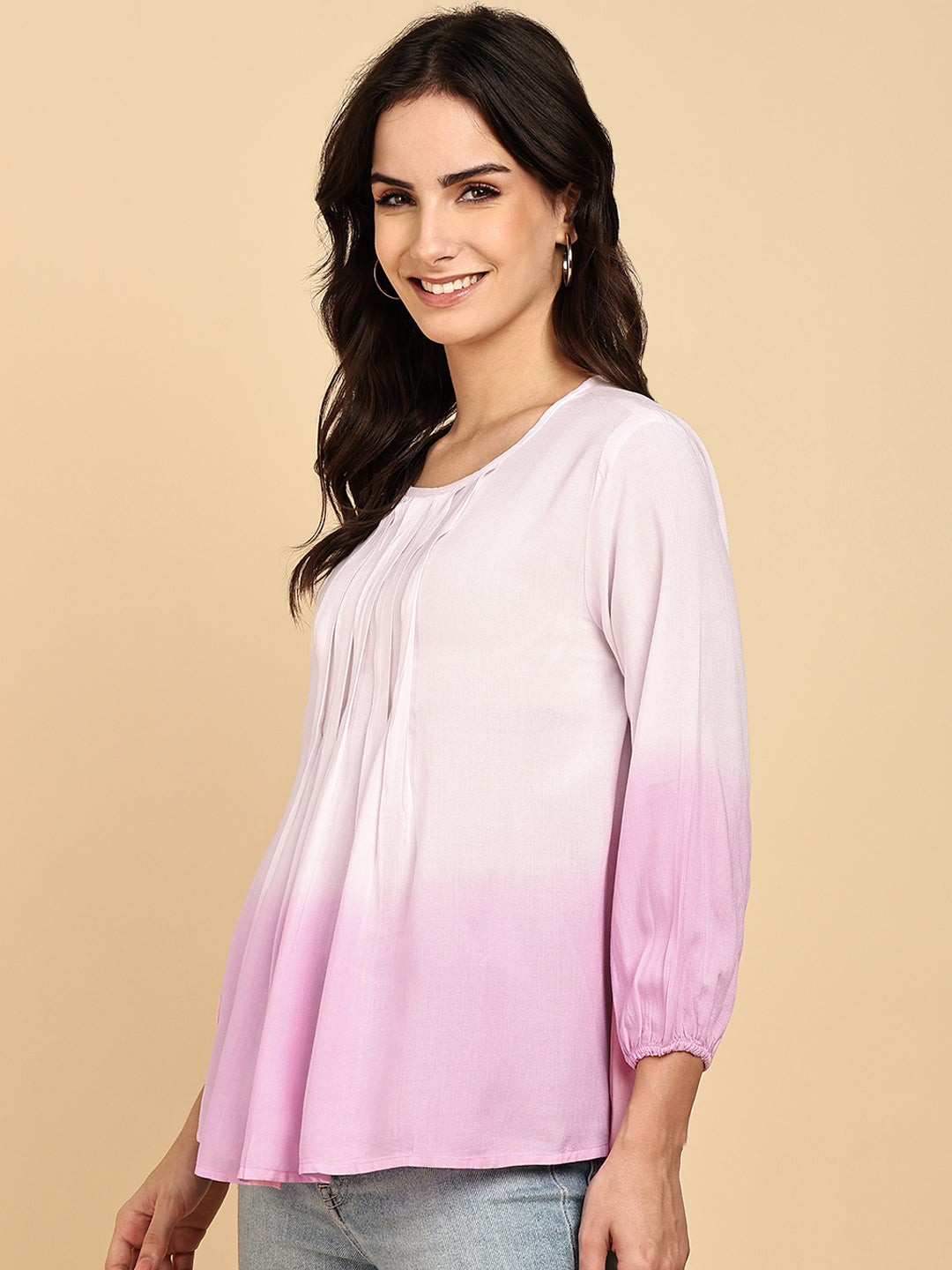 Women Casual Rayon Staple Tie & Dye Round Neck 3/4 Sleeves Regular Fit Top (W1717)