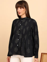 Women Cotton Printed Mandarin Collar Regular Fit Shirt (W1764)