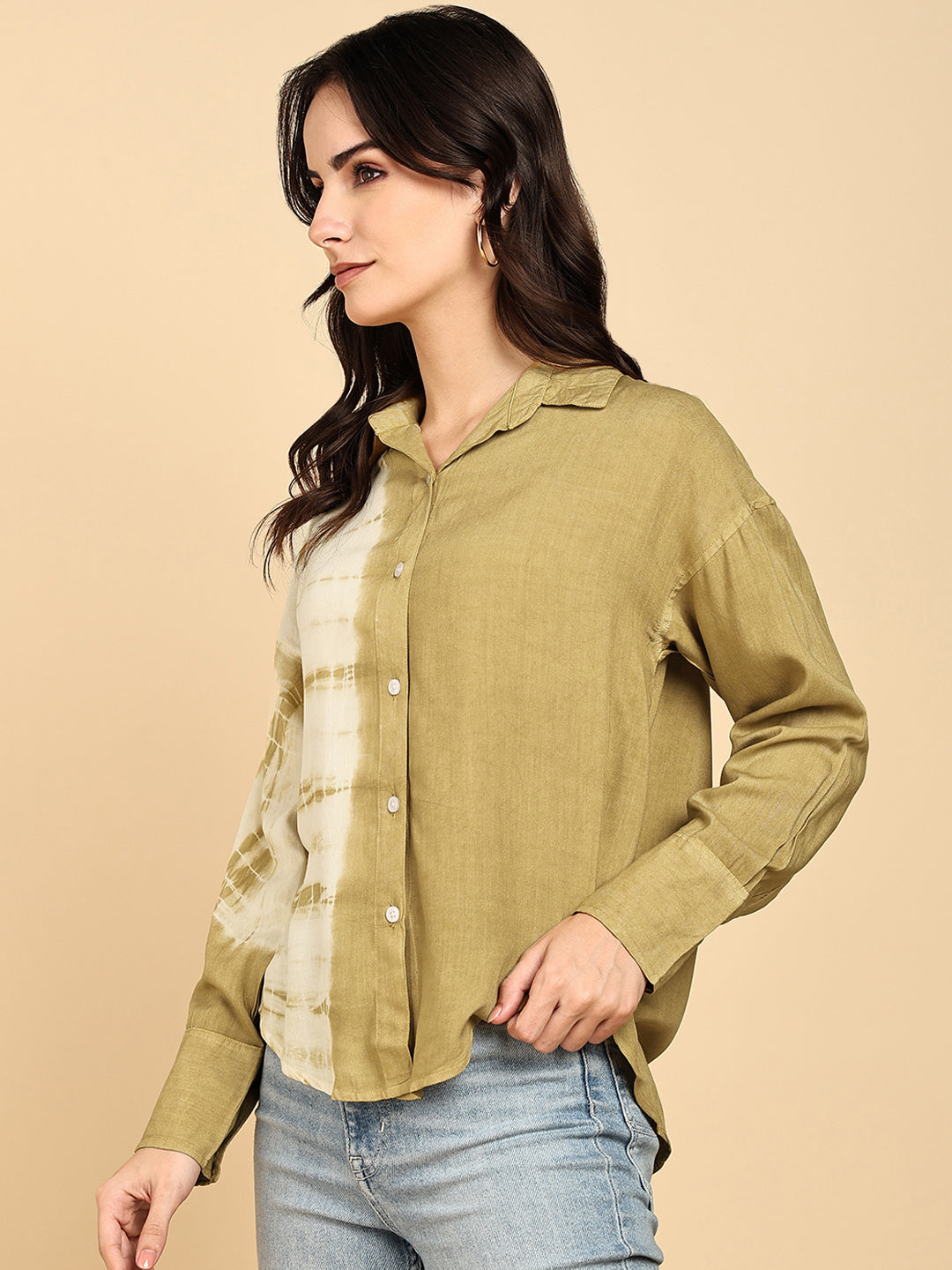 Women Casual Rayon Staple Tie & Dye Spread Collar Full Sleeves Loose Fit Shirt (W1696)