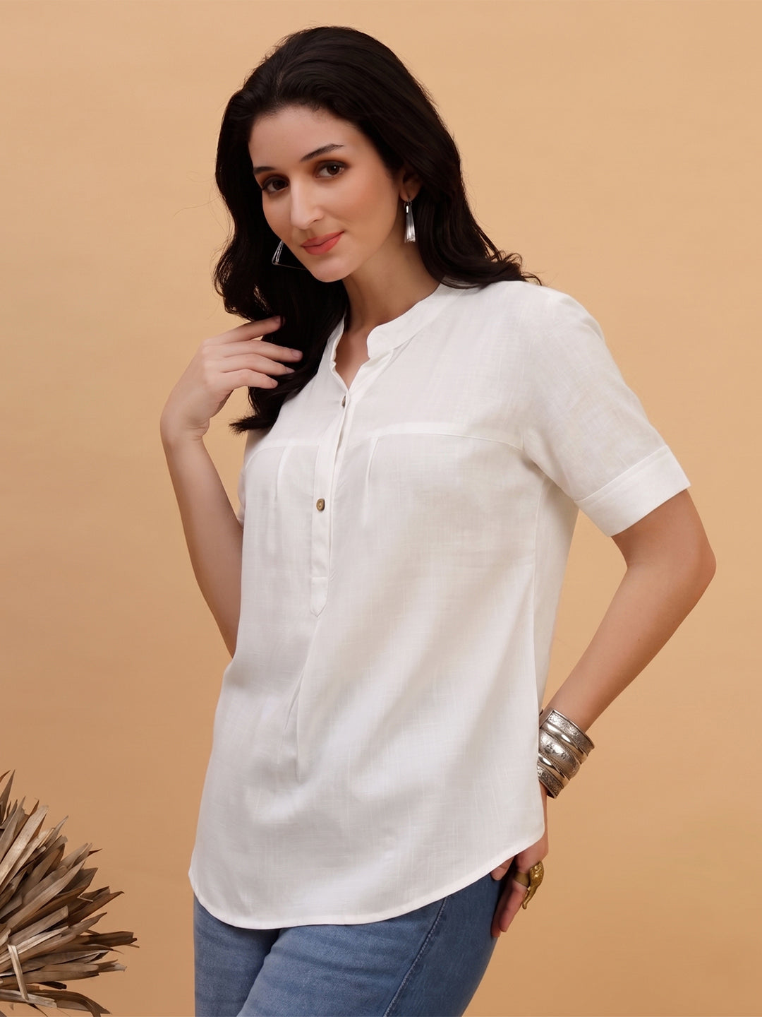 Women White Solid Rayon Casual Top (W1789)
