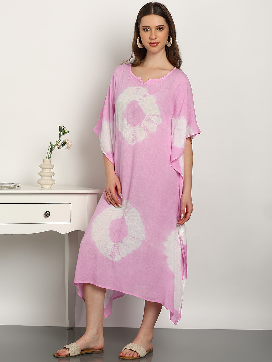 Women Tie & Dye Rayon Crepe Kaftan Dress (W1720)