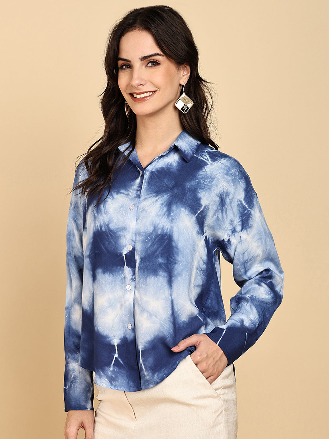 Women Casual Rayon Staple Tie & Dye Spread Collar Full Sleeves Loose Fit Shirt (W1697)