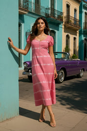 Women Handmade Floral Rayon Flared Pink Dress (W1610)