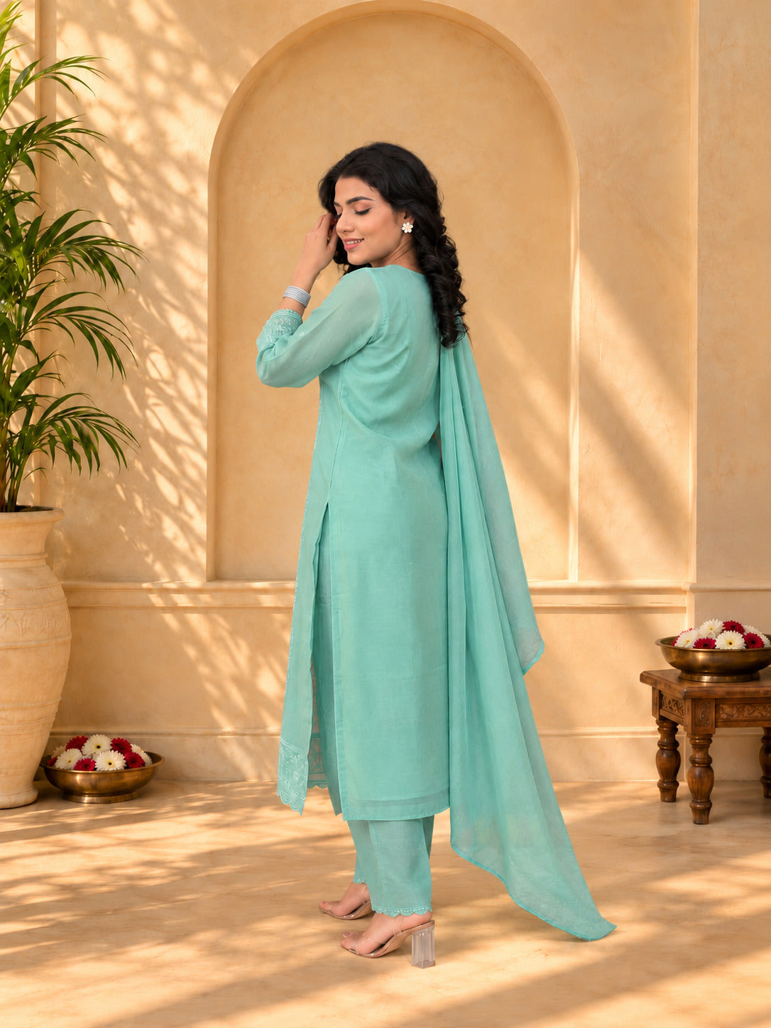 Jaipurhues Luxe Rama Muslin Silk Festive Kurta Set | Kurta Bottom Dupatta (W10008)