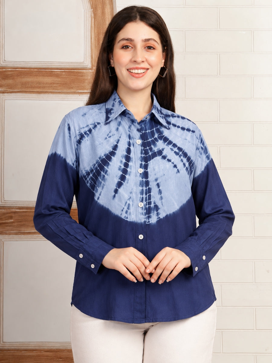 Women Blue Hand Tie & Dye Rayon Casual Shirt (W1827)