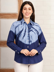 Women Blue Hand Tie & Dye Rayon Casual Shirt (W1827)