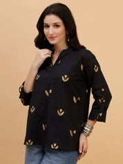 Women Black Printed Camric Casual Top (W1809)