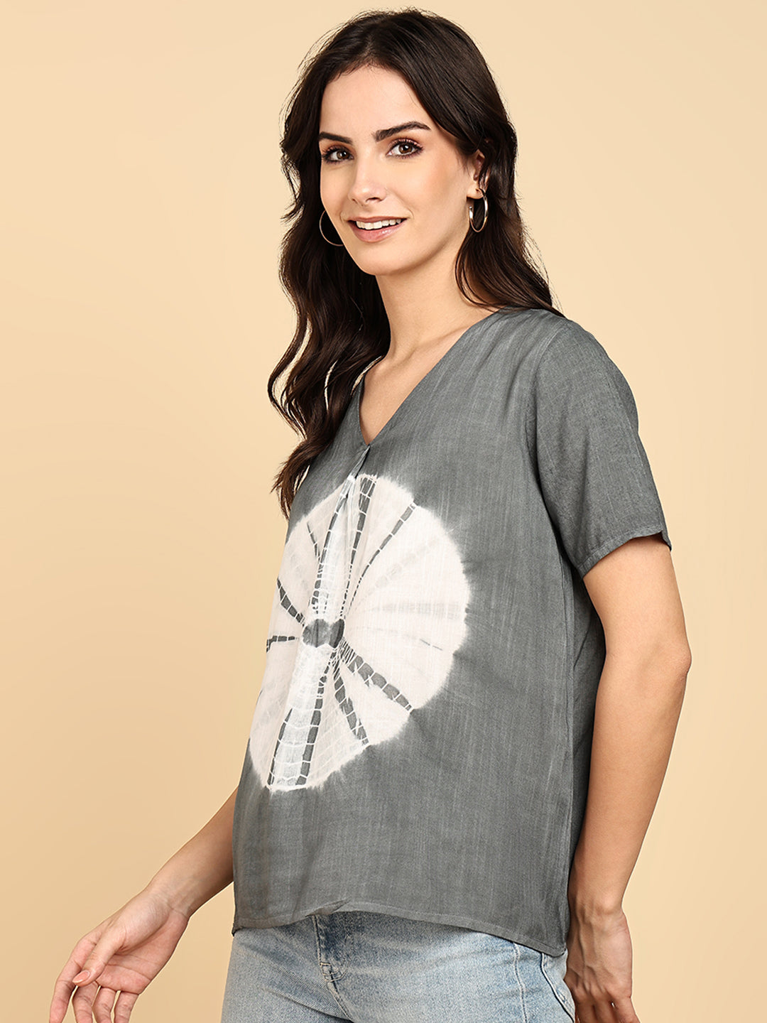 Women Casual Rayon Slub Tie & Dye V-Neck Short Sleeves Regular Fit Top (W1686)