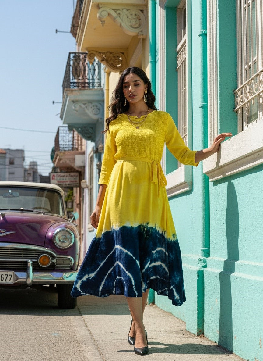 Rayon Tie Dye A-Line Navy Blue Midi Dress With Tie-Up Belt (W1242)