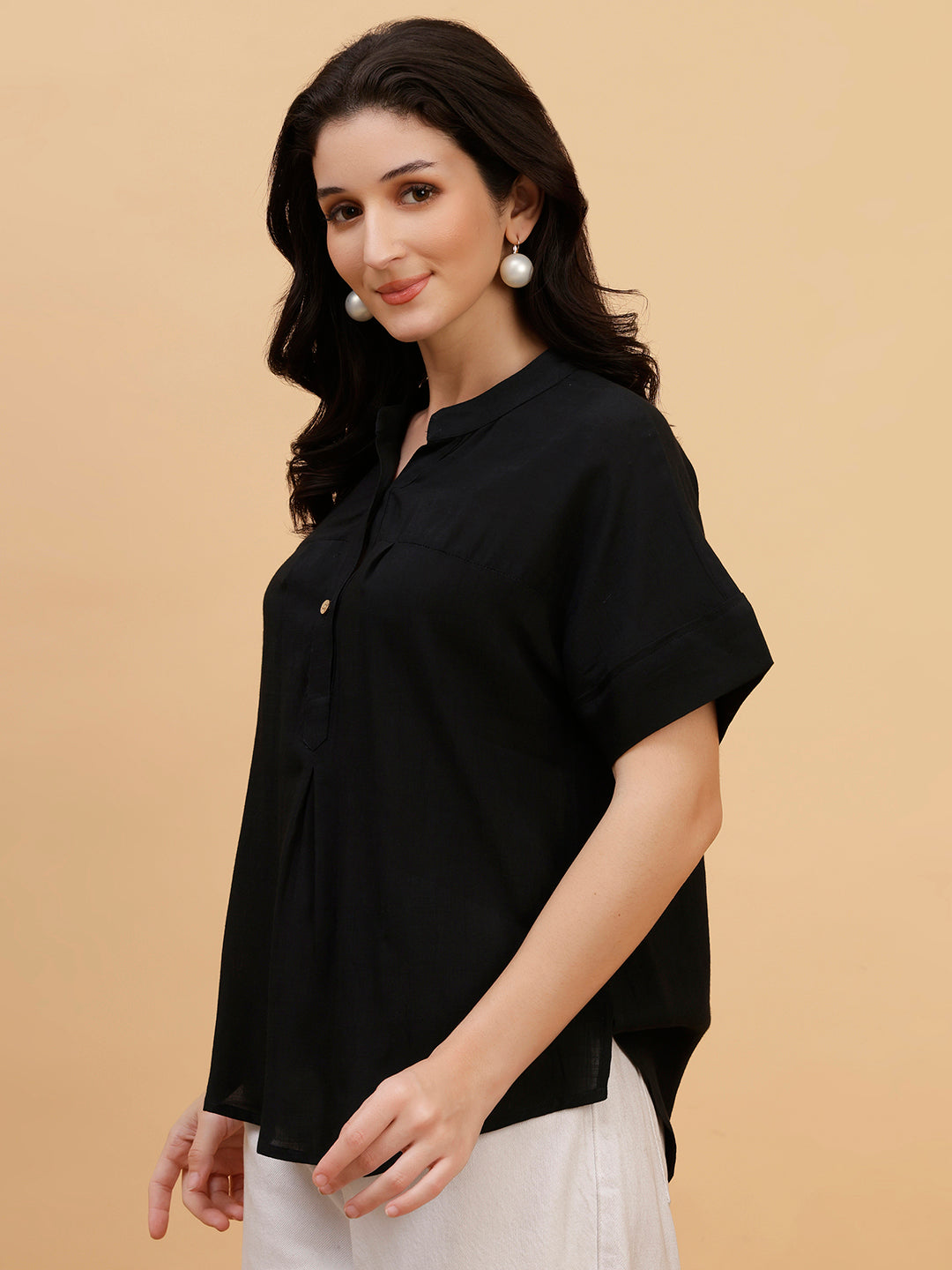 Women Black Solid Rayon Casual Top (W1790)