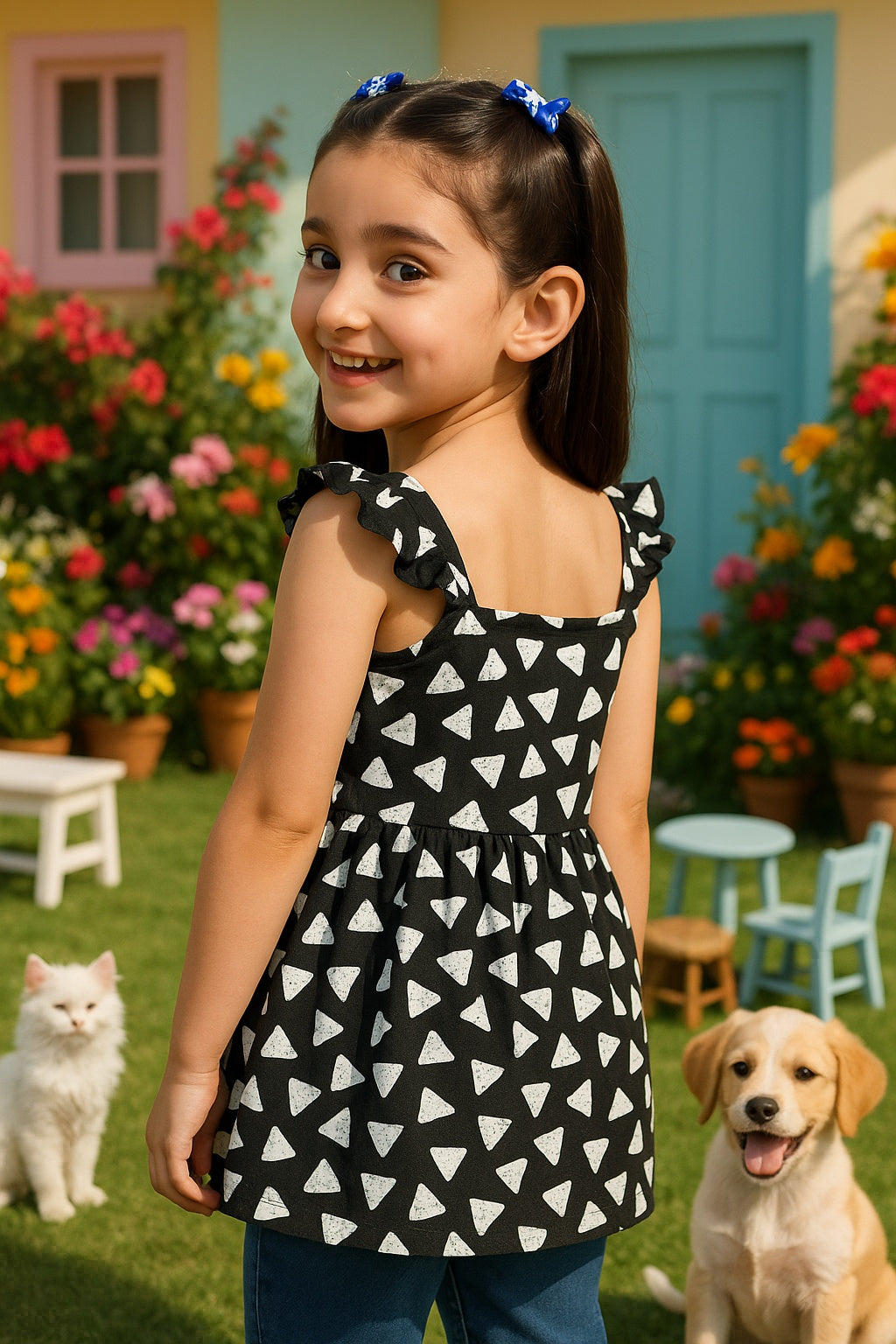 Cotton Printed Frill Shoulder Top for Girls (K1005)
