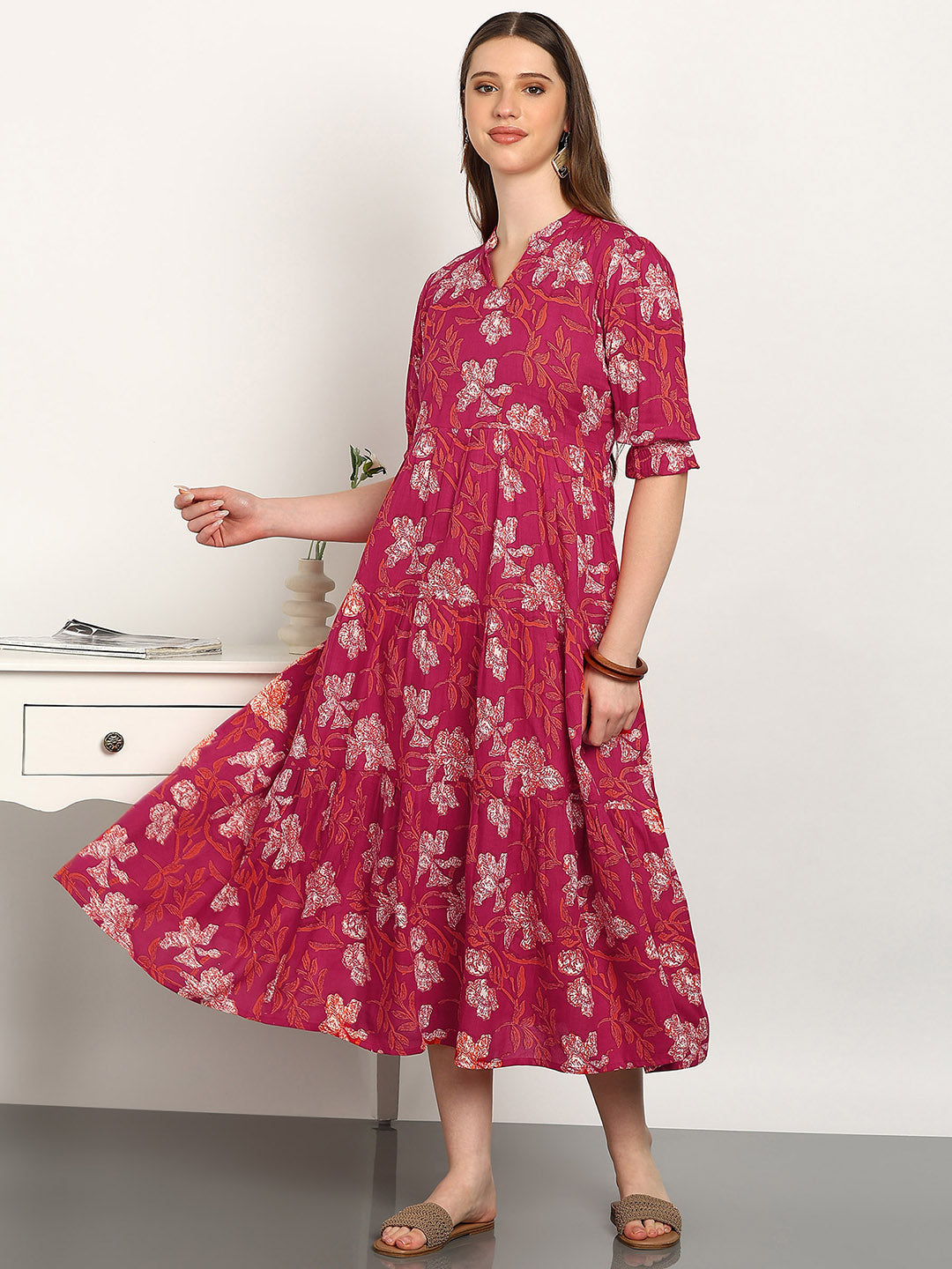 Women Cotton Printed A-Line Dress (W1739)