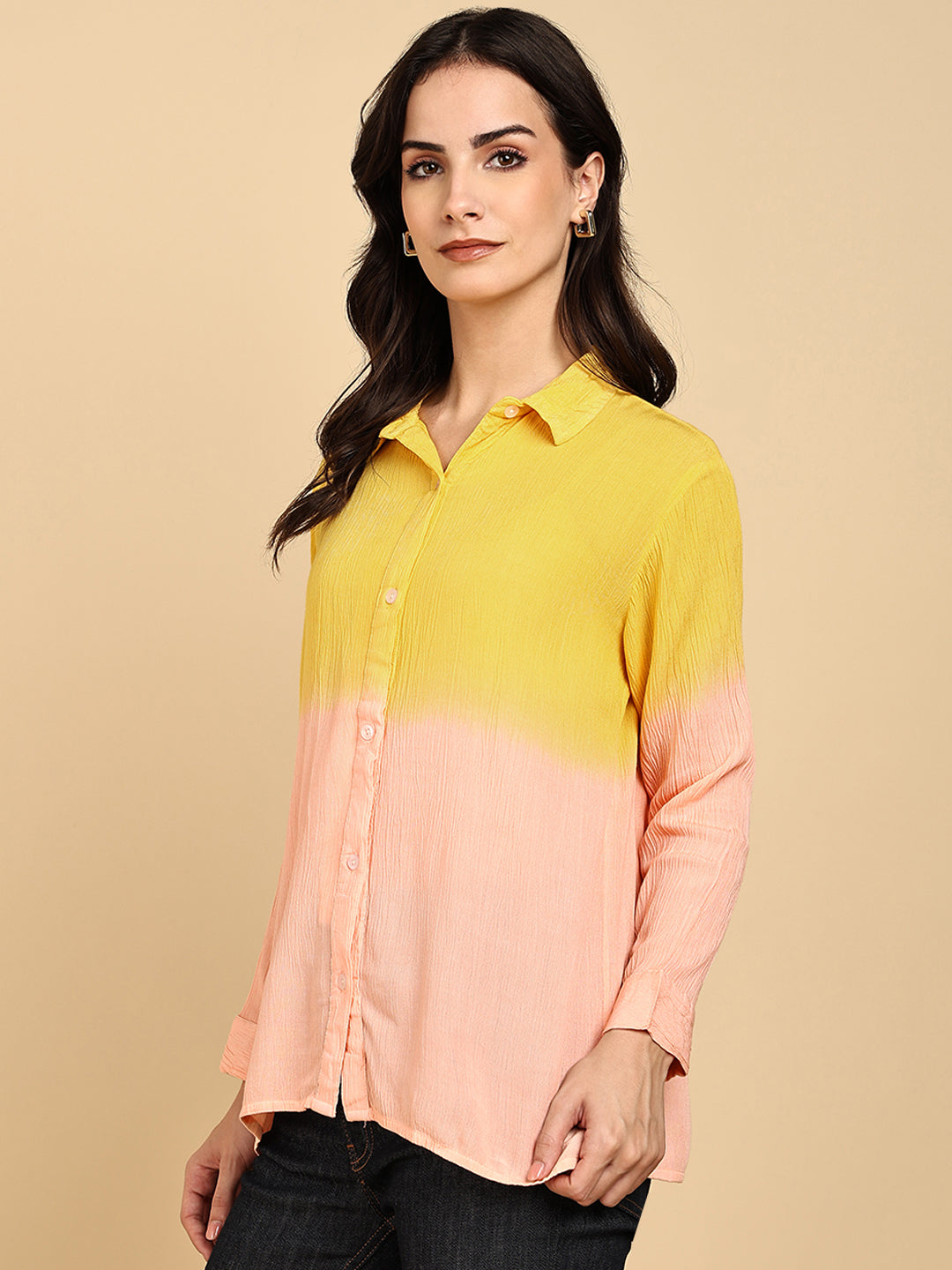 Women Casual Rayon Crepe Tie & Dye Spread Collar Full Sleeves Relaxed Fit Shirt (W1708)