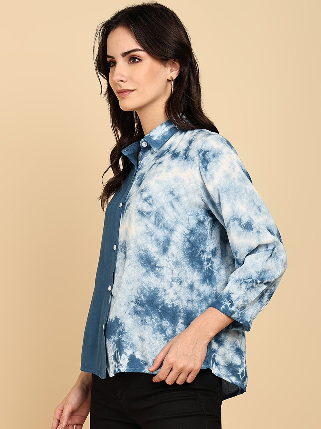 Women Casual Rayon Staple Tie & Dye Spread Collar Full Sleeves Relaxed Fit Shirt (W1692)