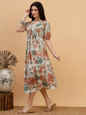 Women White Floral Printed Camric A-Line Dress (W1814)