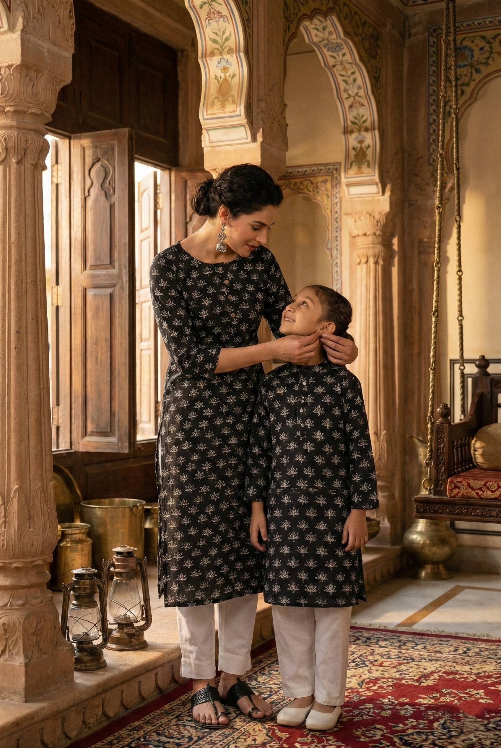 Women Printed Straight Kurta With Matching Girl Kurta Pyjama Set Mother Daughter Combo For Women & Girls (COMBO9032)