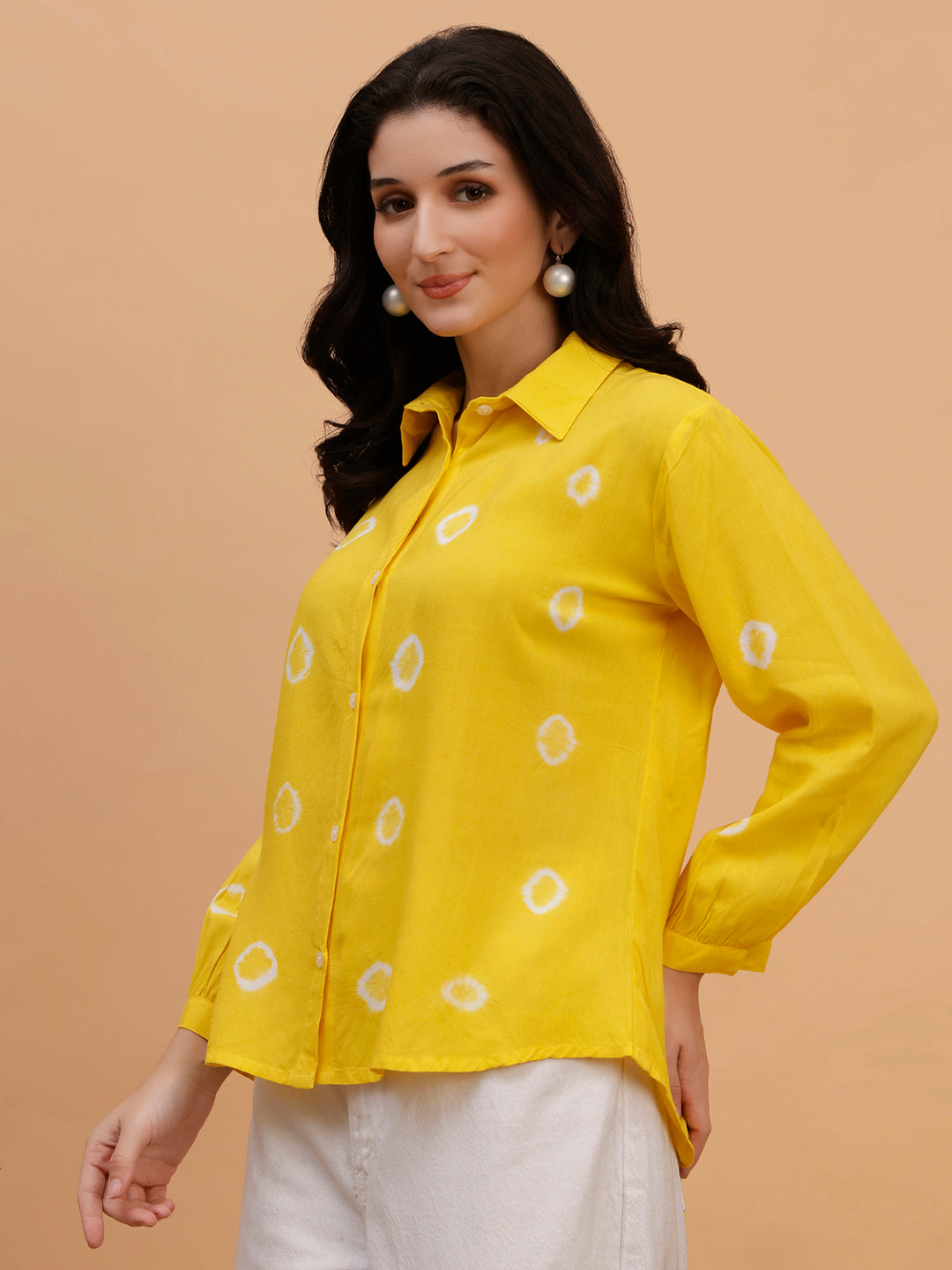 Women Hand Tie & Dye Yellow Rayon Casual Shirt (W1797)