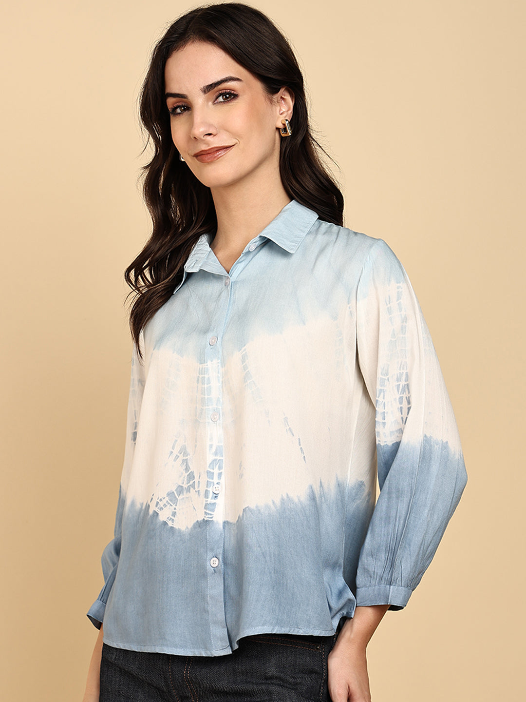 Women Casual Rayon Staple Tie & Dye Spread Collar Full Sleeves Relaxed Fit Shirt (W1689)