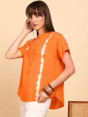 Women Rayon Slub Tie & Dye Mandarin Collar Regular Fit Top (W1768)