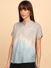 Women Rayon Slub Tie & Dye Mandarin Collar Regular Fit Top (W1770)
