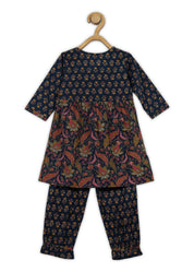 Girls Blue Printed Cotton A-line Kurta And Pant Set (K1090)
