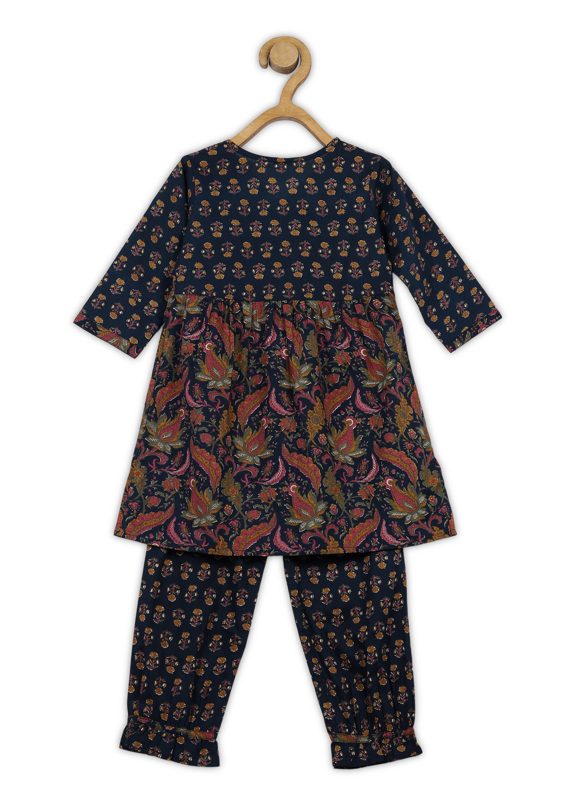 Girls Blue Printed Cotton A-line Kurta And Pant Set (K1090)