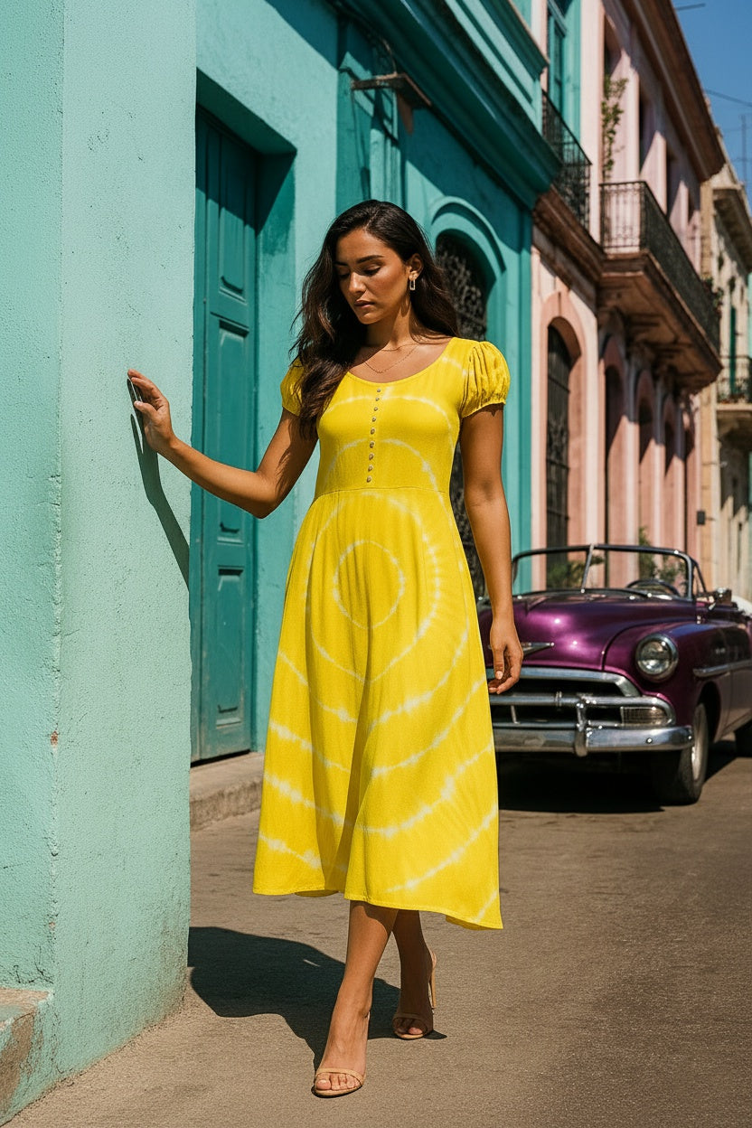 Rayon Tie Dye Yellow Dress (W1280)