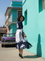 Women Handmade Floral Cotton Blend Flared Dark Blue Dress (W1606)