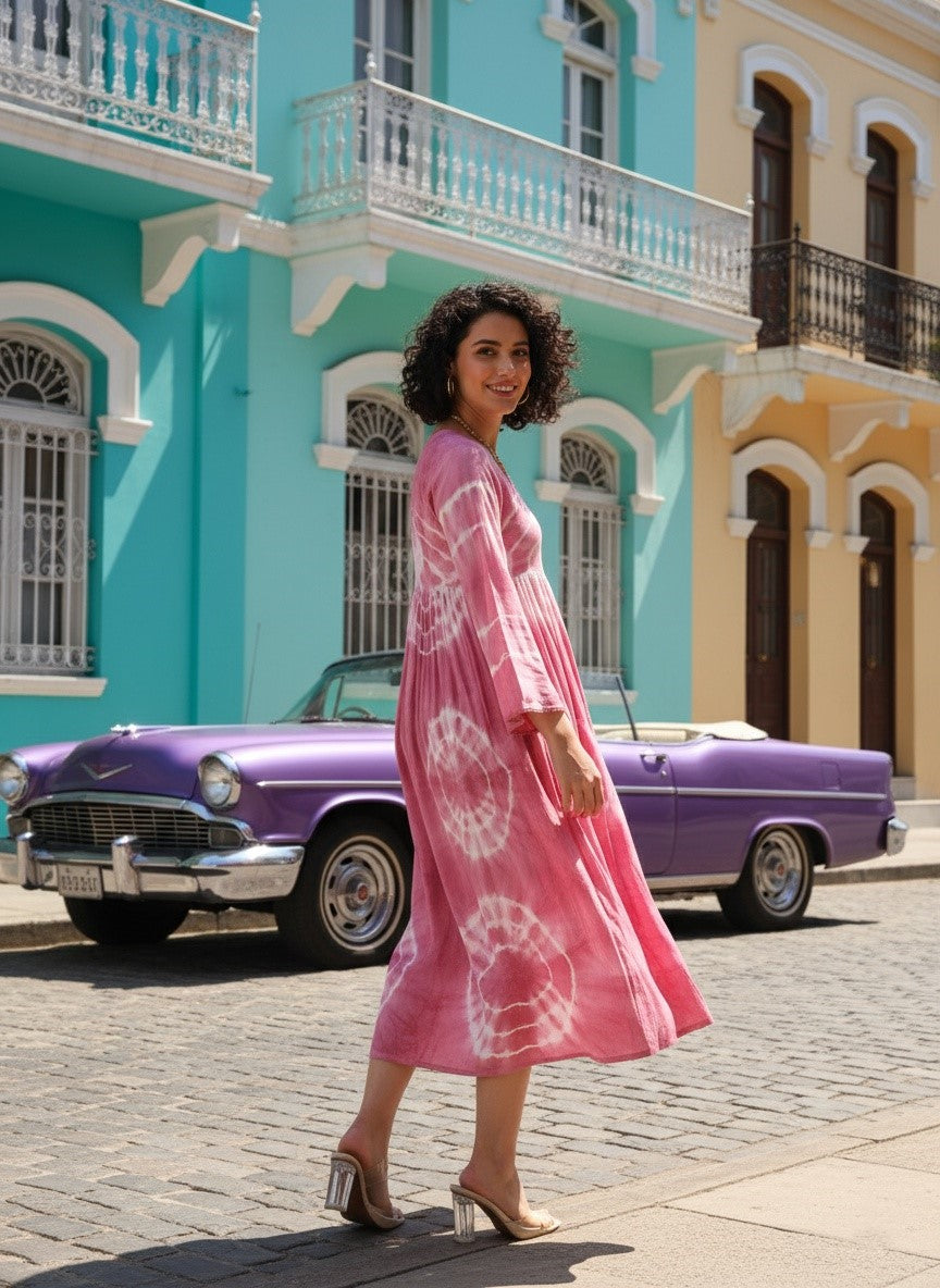 Women Handmade Floral Print Rayon Flared Pink Dress (W1597)