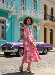 Women Handmade Floral Print Rayon Flared Pink Dress (W1597)