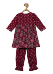 Girls Maroon Printed Cotton A-line Kurta And Pant Set (K1091)