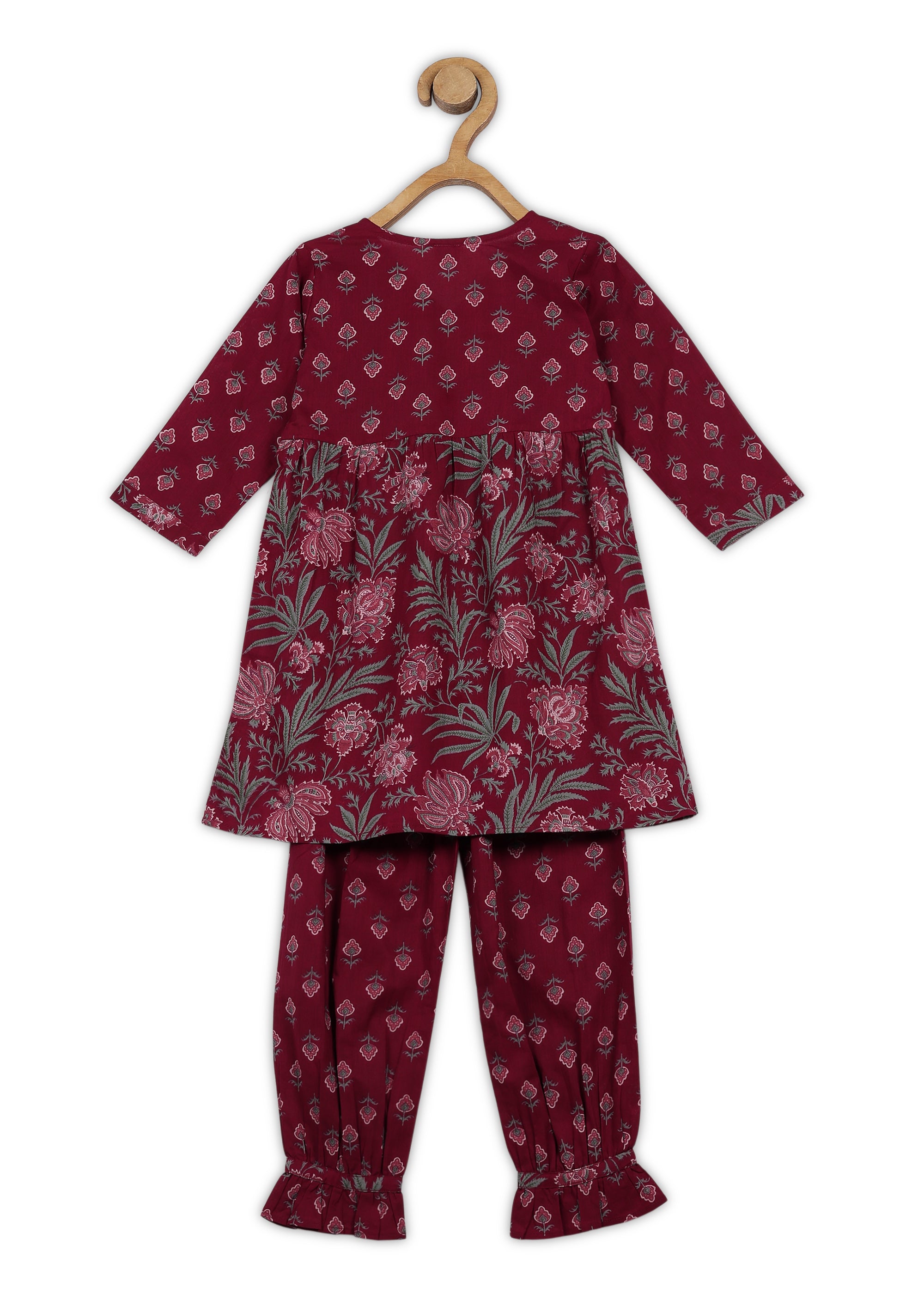 Girls Maroon Printed Cotton A-line Kurta And Pant Set (K1091)